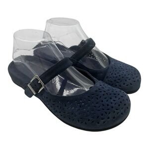 Vionic Lidia‎ Mules Womens 7 Navy Blue Suede Slip Slide On Shoes Laser Cut Upper